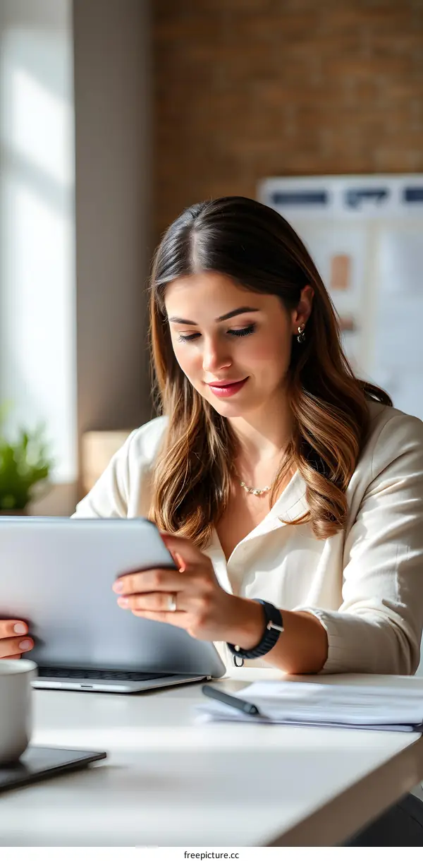 Woman Working On Her Laptop In A Modern Office