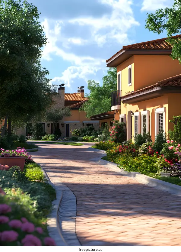 Curved Path Leading to Tuscan Style Houses