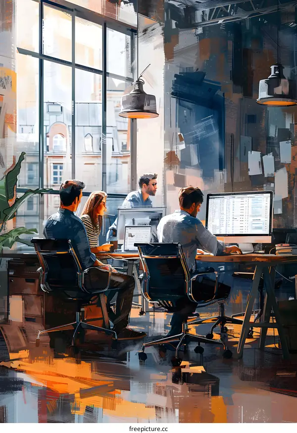 Four people working in an office