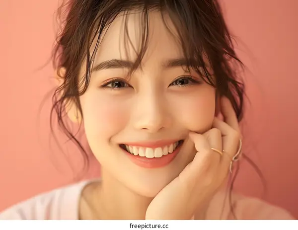 Portrait of a Smiling Asian Woman with Pink Background
