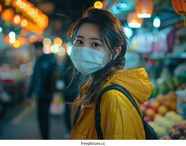 Portrait of a young woman wearing a mask in a crowded Asian market
