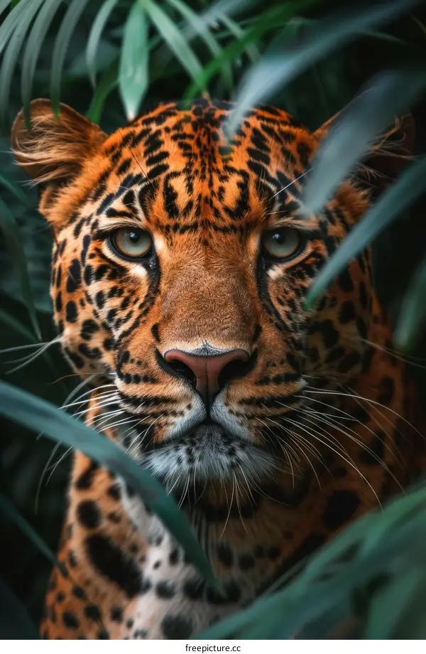 A fierce leopard stares intently through dense foliage