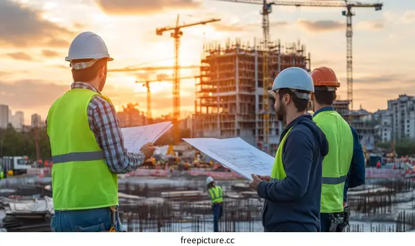 Construction Workers Reviewing Plans at Sunset