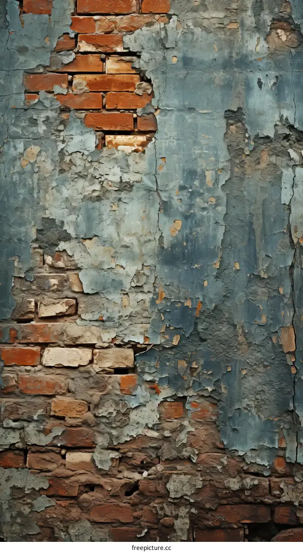 weathered brick wall with blue paint peeling off