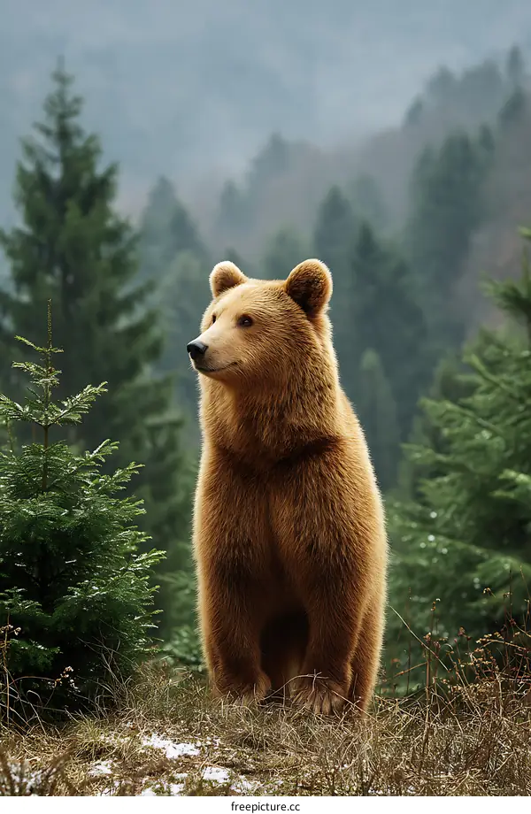 Brown Bear in a Misty Forest Landscape