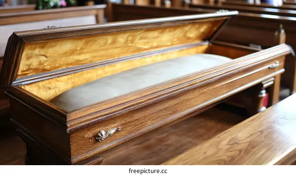 Ornate Wooden Church Pew with Open Lid