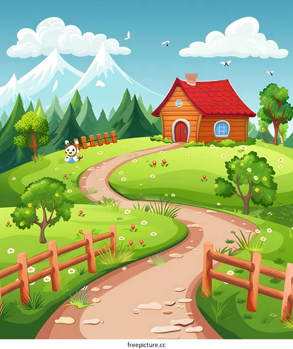 Cartoon Illustration Of A Cute House In A Green Meadow With A Winding Path