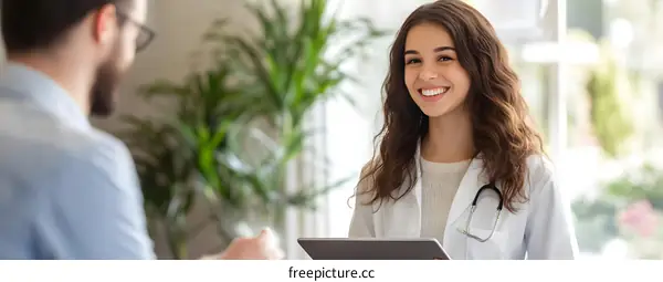 Smiling Female Doctor Talking to Patient Holding Tablet