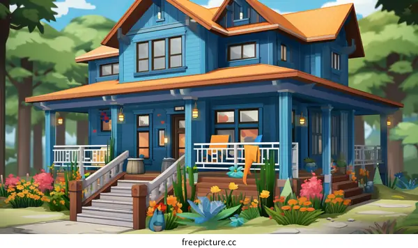 A beautiful blue house with a porch and a garden