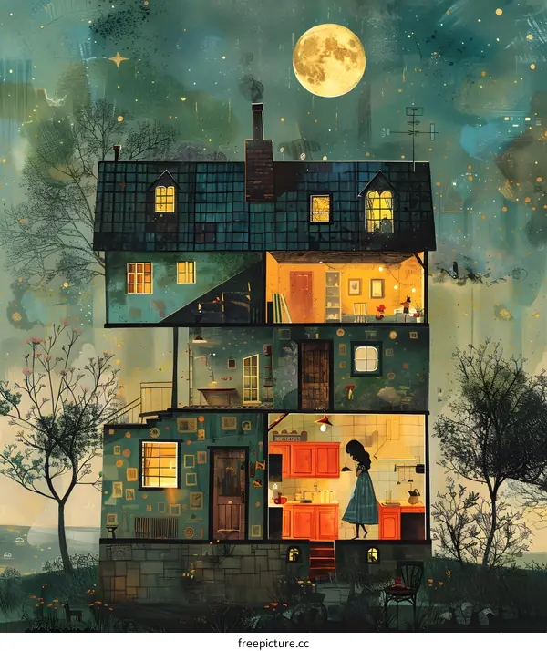 A girl is cooking in a small house