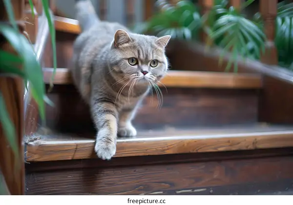 A gray cat walking down wooden stairs