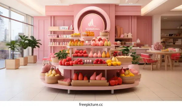 Minimalist Store Interior with Circular Display of Pink and Red Pears