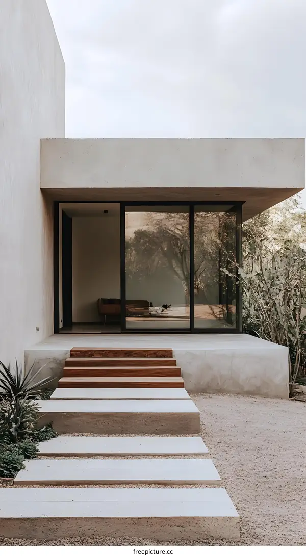Modern Minimalist Concrete House Exterior with Wooden Steps and Gravel Pathway