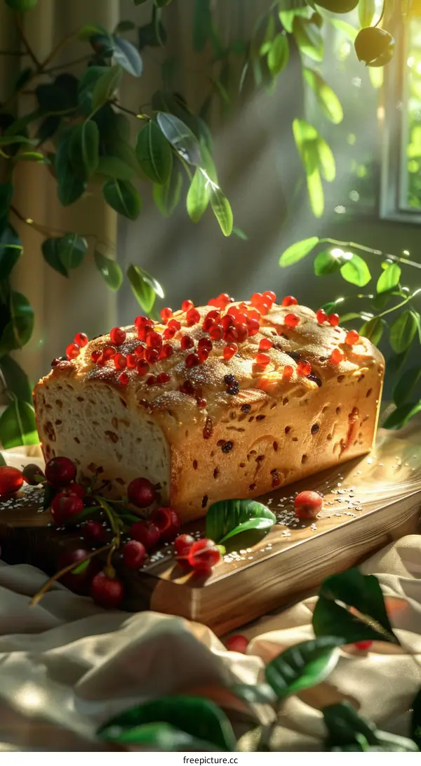 Close-up of homemade bread with red currant berries on a wooden table near a window