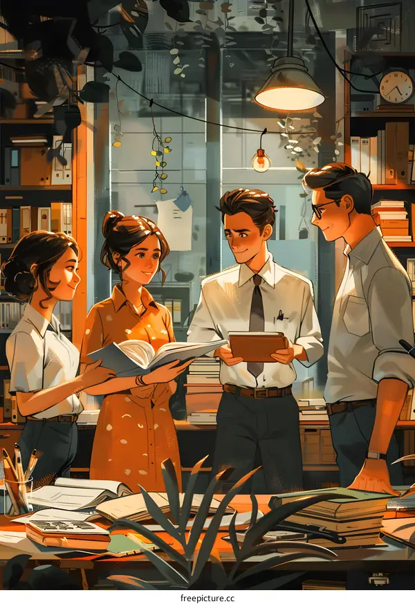 Four people in a library reading books and using a tablet