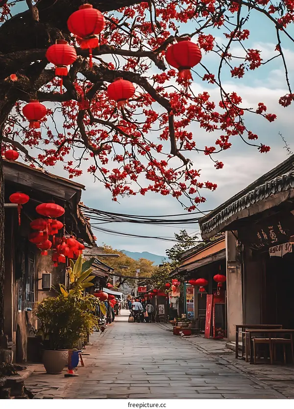 Red Lanterns Hanging from a Tree in a Chinese Street