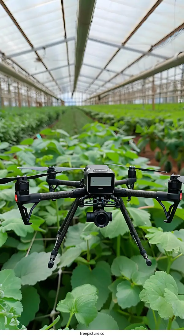 Drone flying over a greenhouse full of green plants