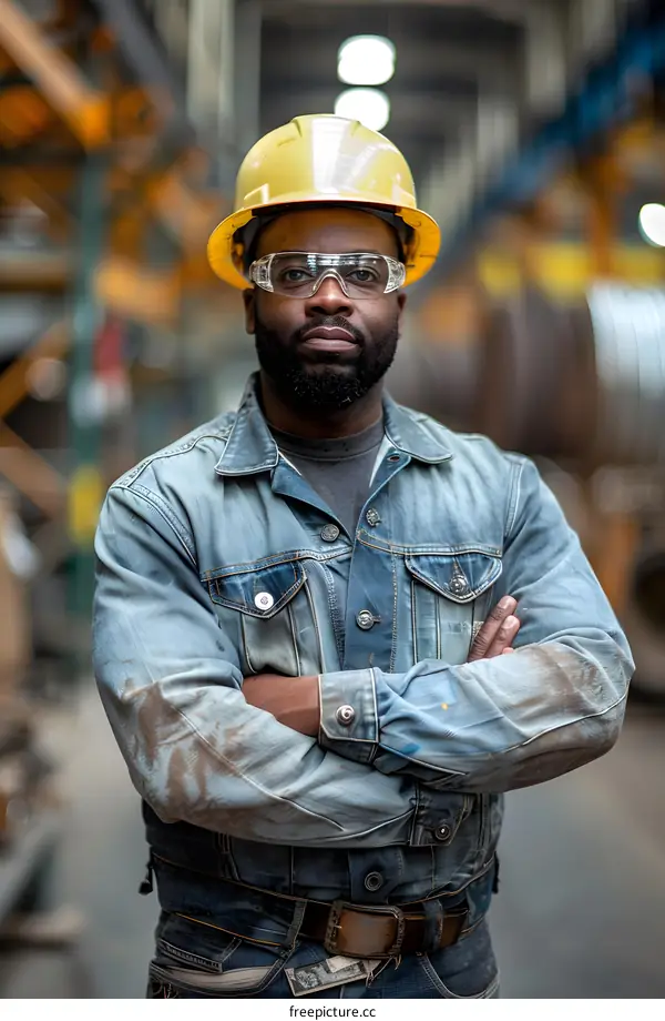 Portrait of a Black male factory worker wearing a hard hat and safety glasses