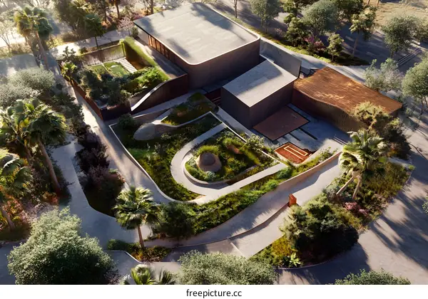 Modern Architecture with Green Roof and Palm Trees