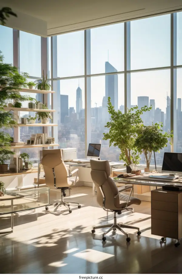Modern office interior with skyline
