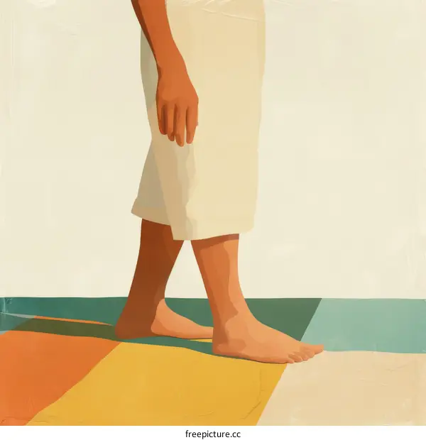 woman in white dress walking barefoot on colorful floor