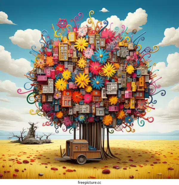 A Surreal Tree Made of Houses and Flowers