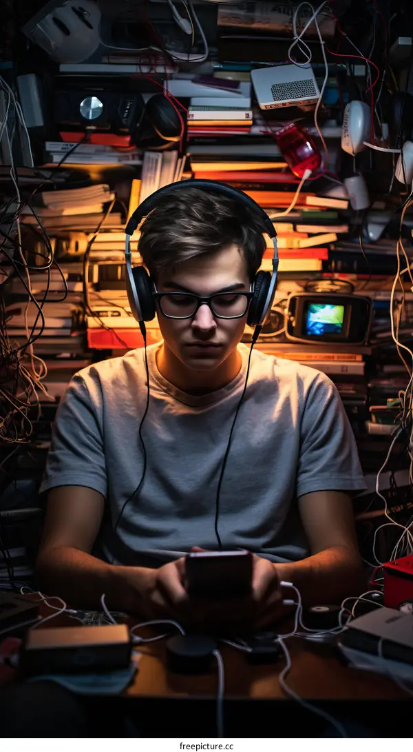 A young male wearing headphones sits in a room full of books and electronic devices