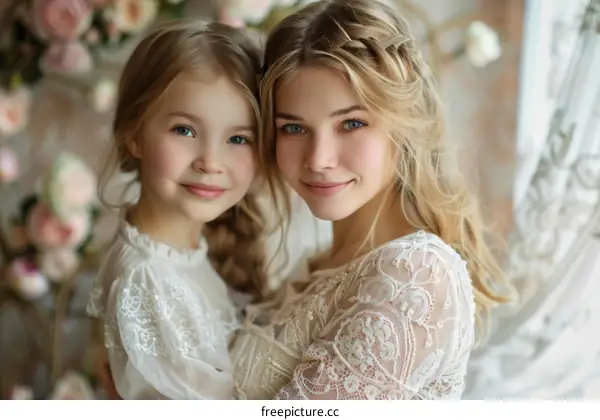 Two Adorable Children Embrace in a Floral Setting