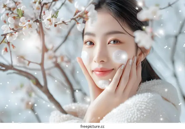 Beautiful Asian Woman With Blooming Flowers In Background