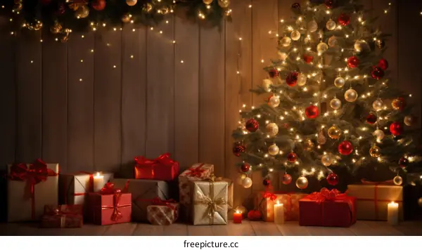 Christmas tree with red and gold ornaments and presents