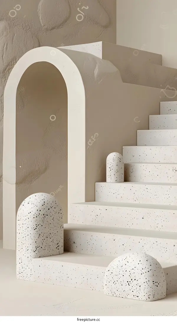 Abstract Minimalist Beige White Arch And Stairs 3d Rendering