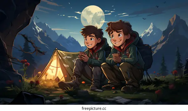 Two friends camping in the mountains