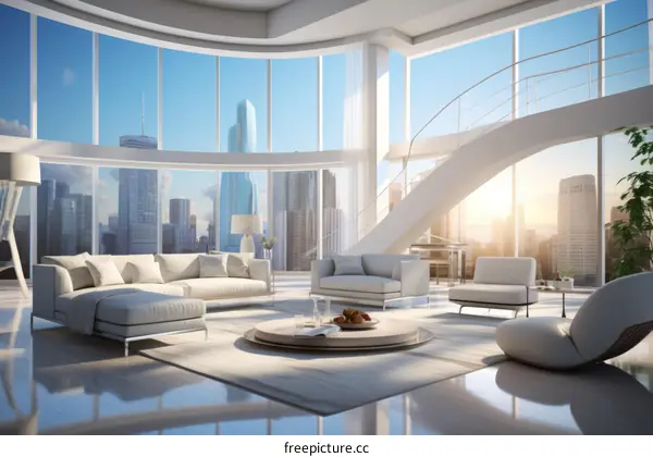 Modern luxury living room interior with floor to ceiling windows and city view