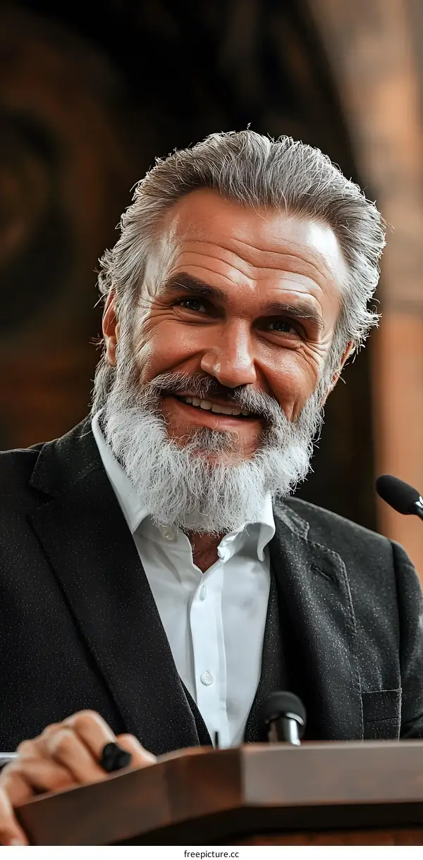 Smiling Man With White Beard Wearing Suit Speaking Through Microphone