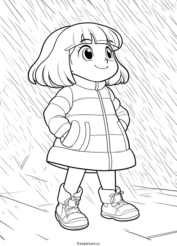 Cute Cartoon Girl in Winter Outfit Standing in Snow