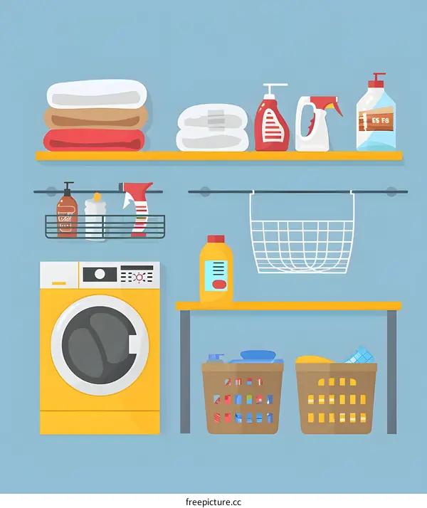 Laundry Room Flat Illustration With Washing Machine And Supplies