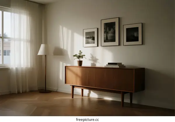 Modern minimalist living room with wooden cabinet and framed pictures