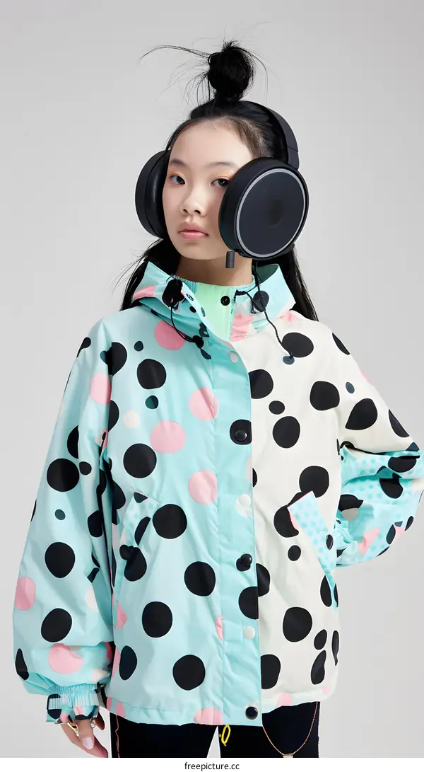 Woman Wearing Polka Dot Jacket and Headphones