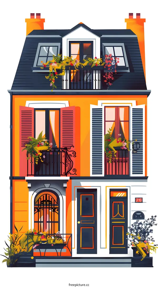 Orange Building with Flowers on the Balconies