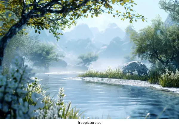 Misty Forest River Landscape