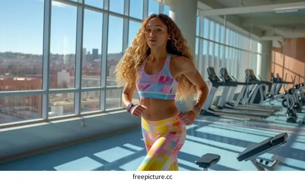 Young athletic woman with curly hair running on a treadmill in a modern gym with large windows