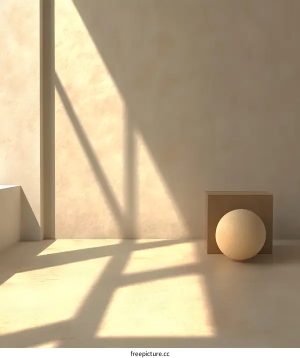 Minimalist 3D Rendering of a Beige Sphere on a Square Platform in a Room with Sunlight