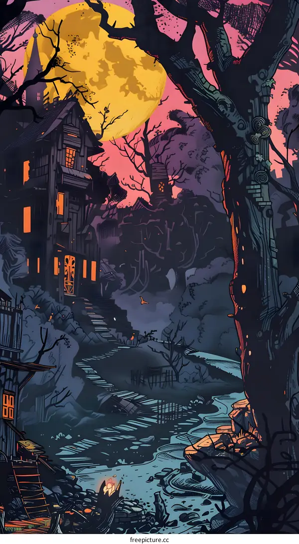 Spooky Forest with a Haunted House and a Full Moon