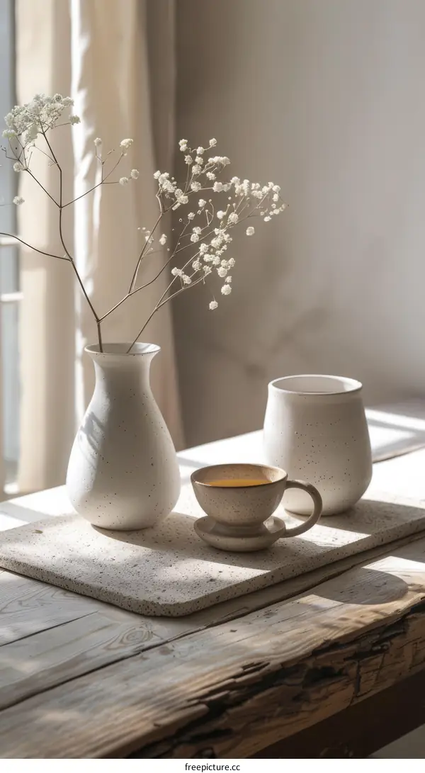 Zen Vase and Cup Decorated with Plants on a Wooden Table