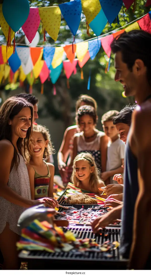 A group of people are having a barbecue in the backyard.