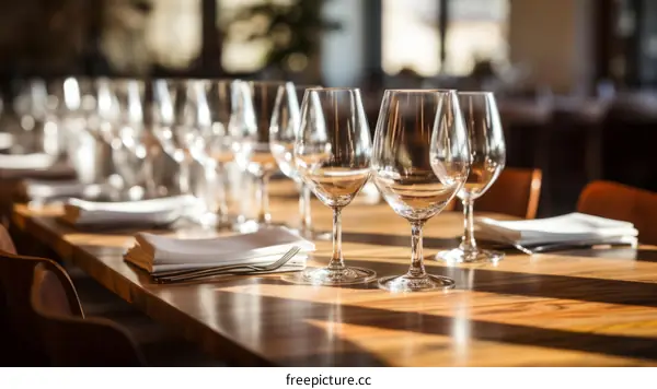 A table set with wine glasses and cloth napkins in a restaurant