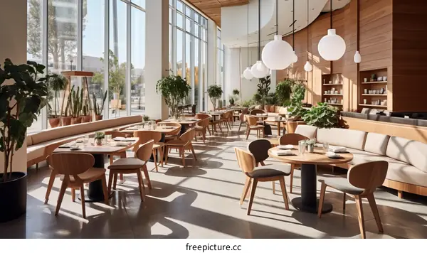 Modern restaurant interior with large windows and wooden furniture