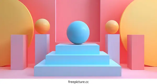 3d rendering of blue sphere on podium with pink background