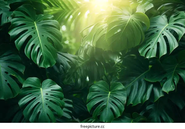 The lush green leaves of a tropical rainforest