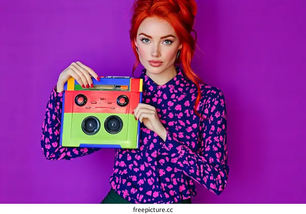 Stylish Woman Holding a Colorful Retro Boombox